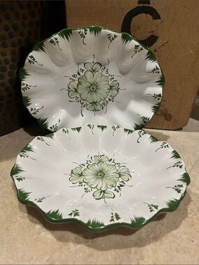 2 Vintage Vestal White Ceramic Decorative Bowls with Green Floral Motif